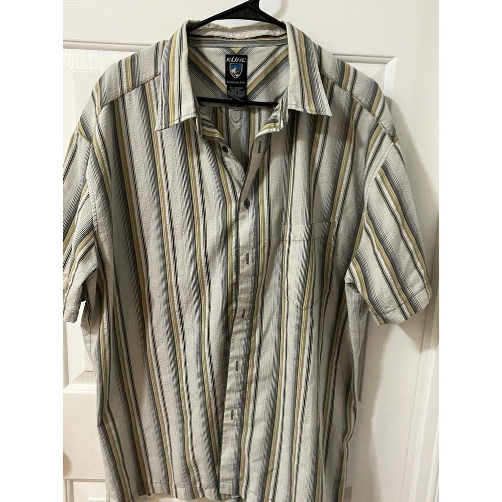 Kuhl Shirt Mens 2XL Brown Tan Gold Plaid Button Up Recycled Blend Outdoor Hiking